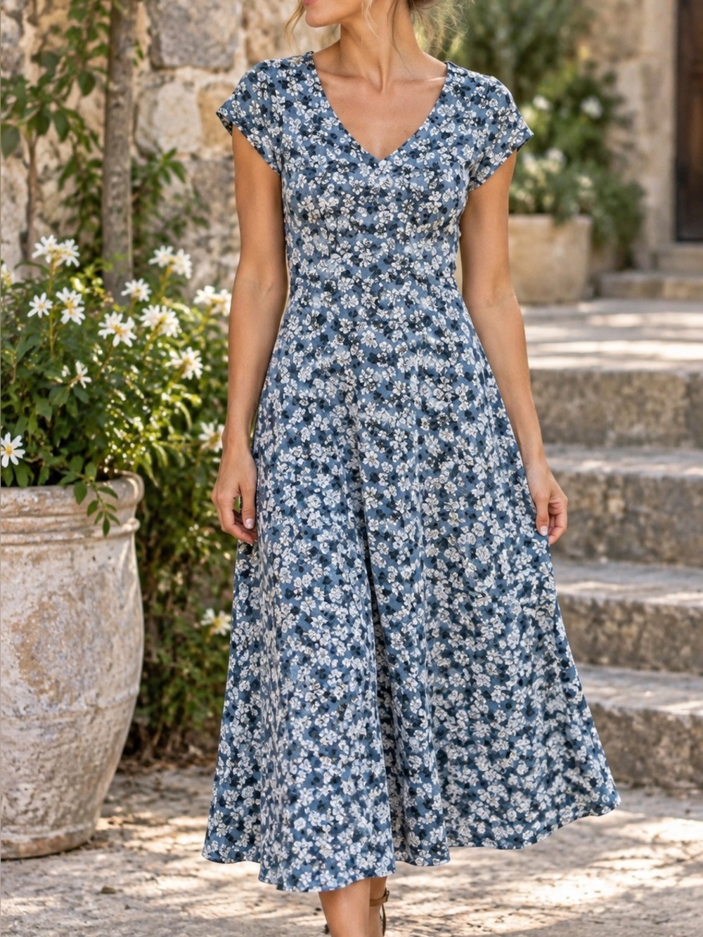 Toad&Co Rose Midi Dress Pacific Blue Floral Organic Cotton Lyocell Small